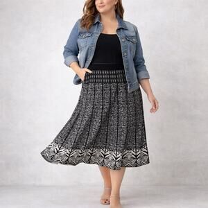 Lapis Black White Pleated Stretch Waist Midi Skirt Sz XL